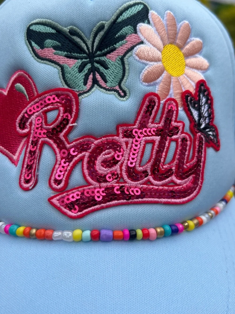 Pretty Blue Trucker Hat Butterfly Daisy Beaded Snapback NWOT